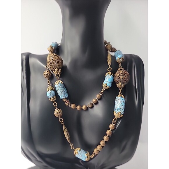 Vintage Boho Brass Filigree Necklace Blue Stone Beads Artisan Tribal Style Flaw - Picture 4 of 13